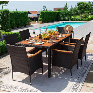 Devoko Dining 7 PCS Furniture, Patio Conversation Set with Acacia Wood Table Top, Rattan Outdoor, Black Only Table Build Without Top Wood and 6 Chairs Without Cushions Devoko Dining 7 PCS Furniture, Patio Conversation Set with Acacia Wood Table Top, Rattan Outdoor, Black Only Table Build Without Top Wood and 6 Chairs Without Cushions
