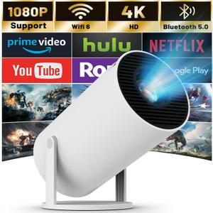 Mini Projector with WIFI 6 and Bluetooth, 4K 1080P Support Portable Projector 180 Rotatable 130'' Screen Movie Projector Auto Keystone Compatible for Laptop, PC, Smartphone (White)
