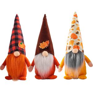 TomteNisse 3 Pcs Fall Decoration Harvest Thanksgiving Decorations Gnomes Plush Elf Dwarf Doll Figurine with Pumpkin Autumn Maple Leaves