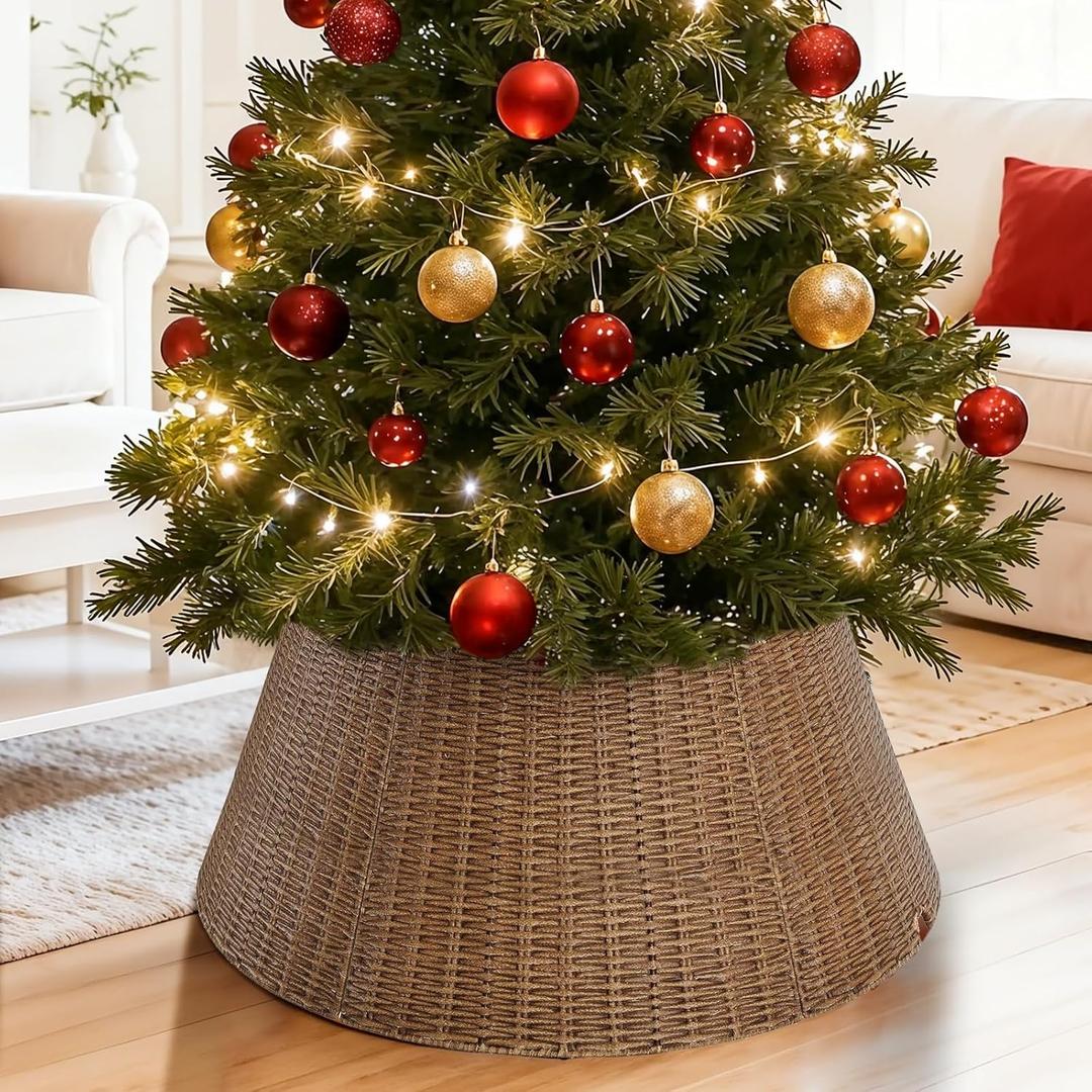 Christmas Tree Collar, 31" Hand-Woven Hyacinth Xmas Tree Collar for Artificial Trees, Rattan-Effect Christmas Tree Stand Base Cover, Christmas Tree Skirt for Holiday, Home Living Room Decoration (Brown)