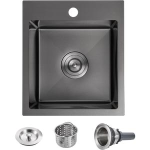 POPFLY Kitchen Sink, 15×17 Inch Drop In Black Small Kitchen Sinks, 18 Gauge Stainless Steel Bar Prep Rv Single Bowl Utility Sink, Fregaderos De Cocina Modernos