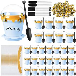 Jingmore 30 Sets Bee Honey Jars Party Favors Bulk, Mini Plastic Bee Theme Honey Jar Pots Decoration with Lids, Dippers and Saucers for DIY Cupcake Dessert Shower Wedding Party Gift Set (Blue)
