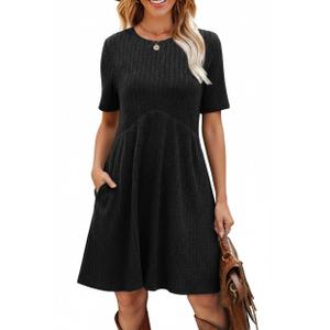 Ulovmi Women's Summer Casual Flowy A-Line Dresses Short Sleeve Ribbed Knit Swing Dress T-Shirt Sundress with Pockets-Black-XL