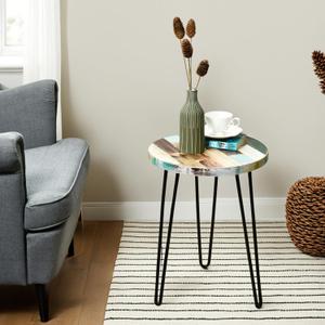 WELLAND Reclaimed Wood Side Table, Round Hairpin Leg End Table, 16" L x 16" W x 20.5" H, Night Stand, Recycled Boat Wood for Living Room, Bedroom, Home Office, Patio