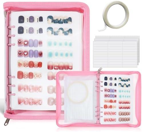 KEIFIN Press On Nail Storage Organizer Binder with 8 Insert Pages - A5 Size Reusable Fake Nail Swatch Collecting Book Polish Color Display Holder Container with Tape and Zipper Pocket (PINK)