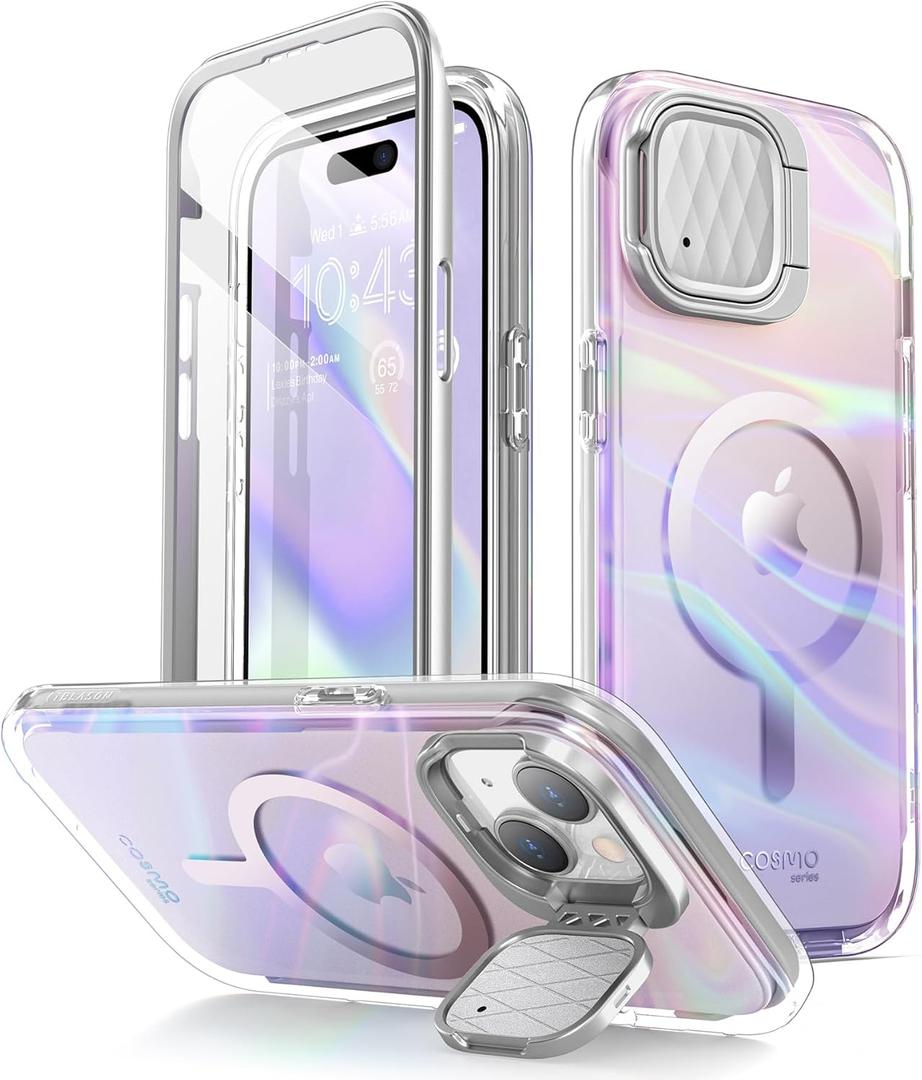 i-Blason Cosmo Mag for iPhone 15 Case/iPhone 14/13 Case [6.1''] with Camera Cover Stand, [MagSafe Compatible] Slim Stylish Full-Body Protective Case with Built-in Screen Protector (PinkWave)