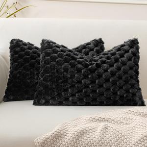 MIULEE Black Faux Fur Lumbar Decorative Throw Pillow Covers 12x20 Inch Set of 2 Super Soft Cozy Plush Cushion Cases Luxury Fluffy Pillowcases for Sofa Couch Bed Living Room