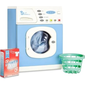 Casdon Blue Electronic Washer - Toy Washing Machine with Spinning Drum, Lights, & Sound Effects - Includes Laundry Basket & Washing Powder Box - Playset for Children Aged 3+