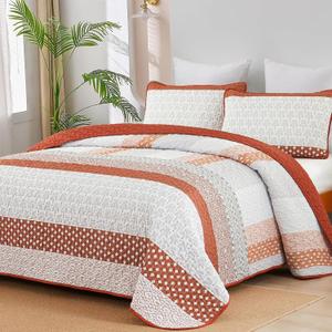 WONGS BEDDING Burnt Orange Quilt King Size, Bohemian Stripe Quilt Sets 3 Pieces Boho Quilted Bedspread Set Lightweight Microfiber Coverlet Bedding Set All Season (104"x90")