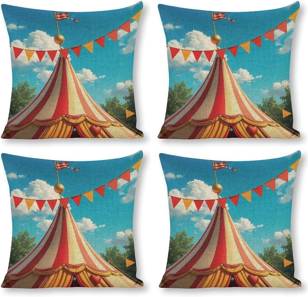 Kumikumi Clown Circus Tent Flags Throw Pillow Covers Linen Pillow Cases Square Cushion Case Decorative Couch Pillows Cover for Sofa Bedroom Living Room Car 18x18 inch 4Pcs