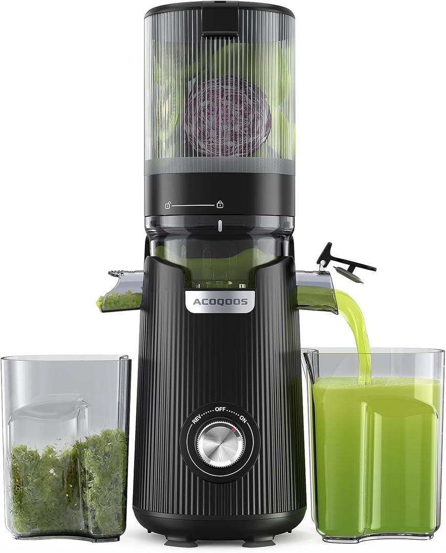 ACOQOOS Juicer Machines, 5.3" Wide Chute for Whole Fruit and Vegetable,1.8L Auto-Feed Time-Saver, Slow Masticating High Yield, Easy to Clean Cold Press Juicer with 2 Cups (Black)