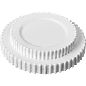PLASTICPRO 64 Piece Combo Plastic Dinner Plates Disposable Plastic Fancy Heavy Duty Party Dishes 7 inch and 10 inch, White Beaded (White Beaded Collection)