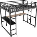 Full Size Loft Bed with Desk and Shelves, Metal Loft Bed with Ladder and Guardrails, Loft Bed Frame for Bedroom, Black