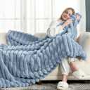 Cozy Bliss Faux Fur Throw Blanket for Couch, Cozy Warm Plush Striped Blanket for Sofa Bedroom Living Room, 50 * 60 Inches Light Blue