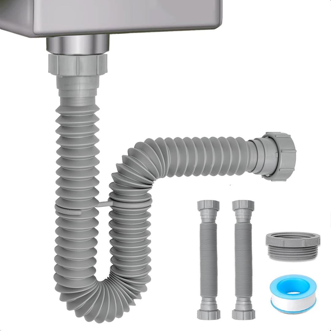 Cinsda 1-1/2" & 1-1/4" P-trap with Adapter, Flexible Sink Drain Pipe, Adjustable P Trap for Bathroom Sink Drain Kit, Kitchen Garbage Disposal, Gray-2Pack