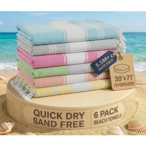 LANE LINEN Turkish Towels Set of 6, Beach Towels Oversized, Pre-Washed Pool Towel, Extra Large Beach Towel, Sandproof Beach Towel, Absorbent Travel Towel,39"x71" - Beach Party, Pack of 6