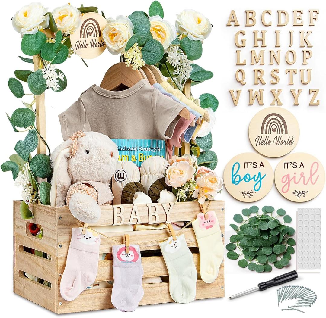 Wooden Baby Shower Crate Closet - Personalized Baby Gift Baskets with Handle, Large Newborn Crate Box for Boys and Girls (Hangers Not Included)