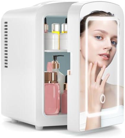 Xbeauty Skincare Mini Fridge With Dimmable LED Mirror, 4L Mini Makeup Refrigerator for SkinCare, Cosmetics, Food & Drinks, Portable Small Refrigerator for Bedroom, Dorm, Car, Office, white