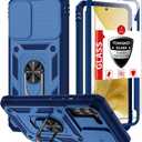 Compatible with Samsung Galaxy S22 Case with 1 Screen Protector,Built-in 360 Kickstand Ring,with Camera Cover Dustproof Shockproof Military Grade Drop Heavy Duty Protection Phone Bumper, Blue