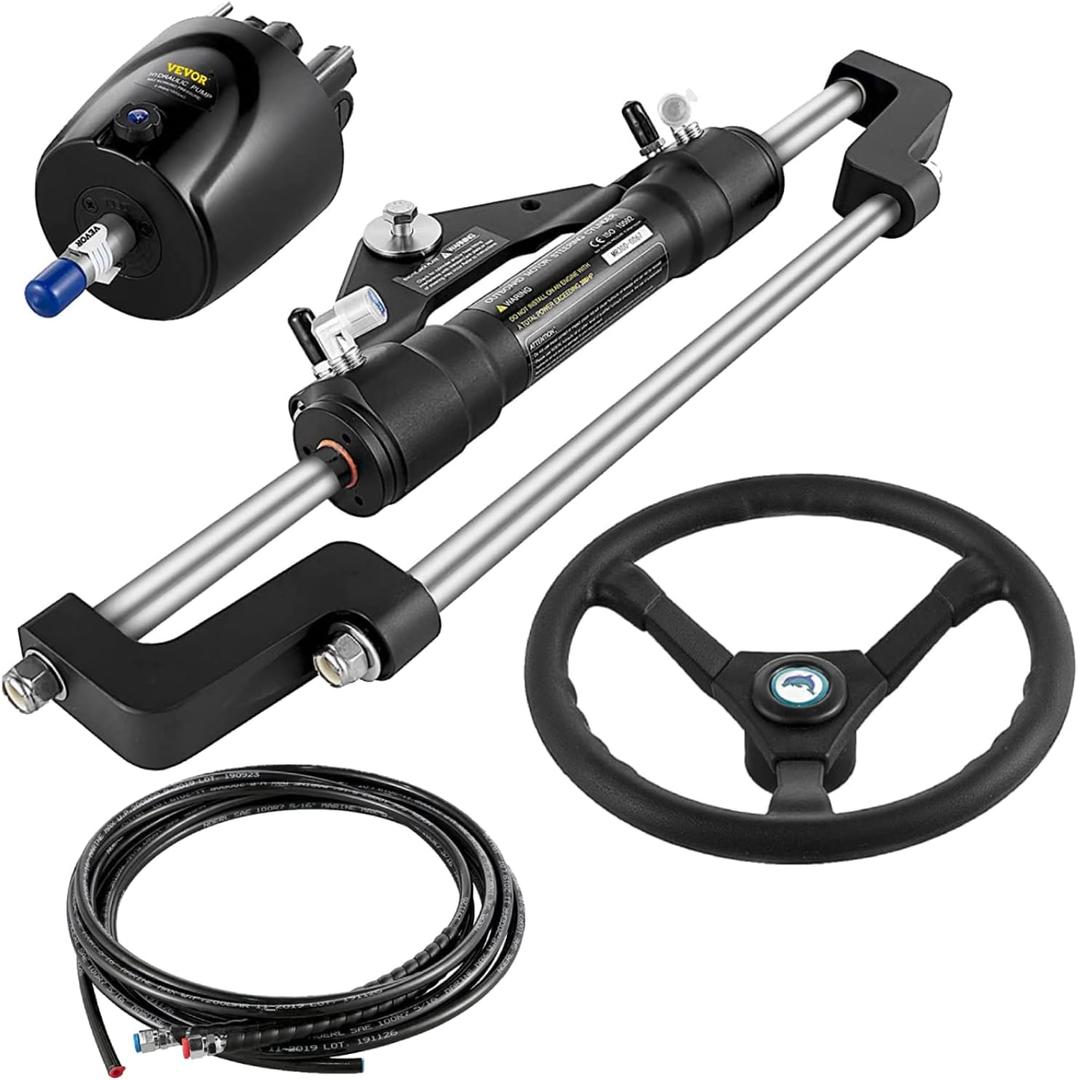 VEVOR Hydraulic Outboard Steering Kit, 90/150/300HP Helm Pump Marine Boat Hydraulic Steering System, 13.5 inch Steering Wheel with 1026 ft Hydraulic Nylon Hose Option
