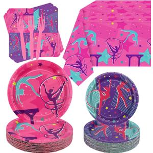 Gymnastics Birthday Party Decorations - Gymnastics Theme Party Supplies for Your Little Dance Gymnasts with Gymnastics Tablecloth, Plates, Napkins, Fork, Tableware, Serves 40