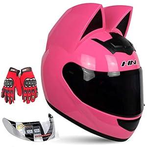 Personalized Cool Cat Ear Electric Motorcycle Helmet Winter Full Helmet Men and Women Racing Shaped Motorcycle Helmet (M, Pink)