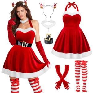 SOMSOC 6 Pack Women Santa Claus Costume Red Velvet Halter Neck Dress with Belt Gloves Stockings for Christmas Parties (Medium)