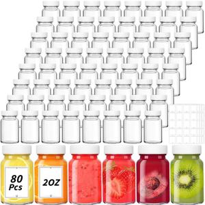 80 Pack 2 oz Glass Shot Bottles with White Lids Small Clear Glass Jar for Ginger Shot Mini Juice Bottle Reusable Wide Mouth Travel Cup Leakage-Proof with Labels for Wellness Juice Milk Potion Liquids
