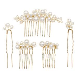 Pearl Hair Combs and Hair Pins for Bridal Women, Decorative Hair Accessories for Wedding Prom, Set of 5 (Gold)