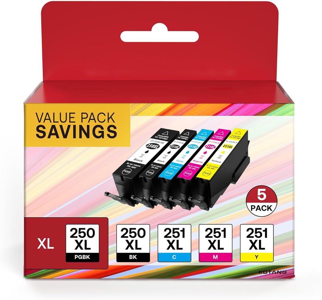 PGI-250XL CLI-251XL 5 Color Value Pack Replacement for Canon 250 and 251 Compatible with PIXMA MX922 MX920 MG5520 MG7520 MG6320 IP7220 IX6820 IP8720 (Total 5 Pack, Multicolor) (PGBK, Black, Cyan, Magenta, Yellow)