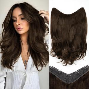 ALXNAN Long Wavy Layered Hair Extensions for Women, Clip in Hair Extensions Clip Ins Soft Full Head Synthetic Hairpieces 16 Inch Chocolate Brown with Dark Brown