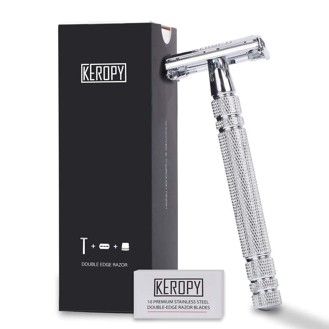 Double Edge Safety Razor with 10 Disposable Blades - Reusable Stainless Steel Shaver for Face, Leg, Body - Washable Portable Travel Size - Prevents Skin Irritation & Ingrown Hair (1-Bright Chrome)
