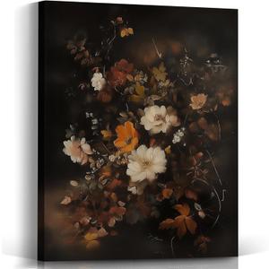 Voxitura Vintage Fall Floral Wall Art Canvas, Rustic Farmhouse Wildflower Wall Decor Living Room Bathroom, Autumn Moody Paintings Pictures Prints Framed Decorations for Bedroom Thanksgiving 12x15in