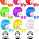 9 Pack Colored Wigs, Funky Colorful Wigs, Short Bob Hair Wigs, Neon Party Wig, Cosplay Wig with Rimless Heart Shape Sunglasses - One Size for All Women Kids & Adults Halloween Costume Night Club