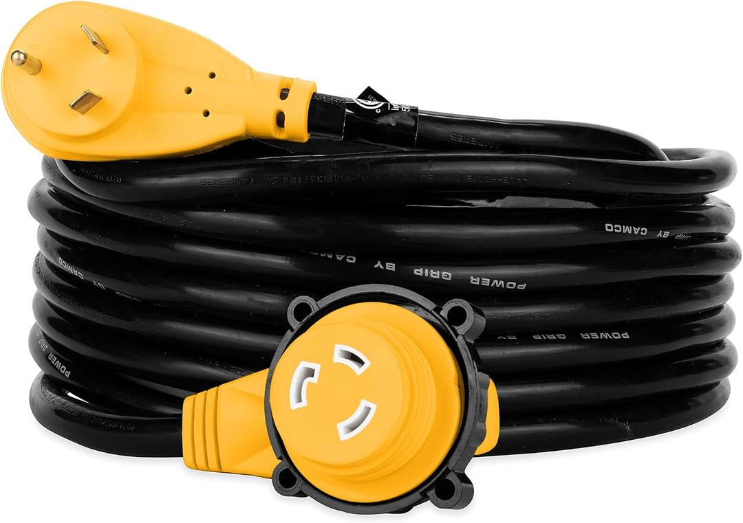 Camco PowerGrip 25-Ft 30 Amp RV Extension Cord w/90 Locking End - Features NEMA TT-30P Male & Marine-Style L5-30R Locking Female Connectors - Rated for 125V/3,750W - 100% Copper 10-Gauge Wire (55524)