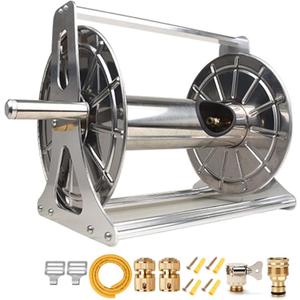 Garden Hose Reel,Stainless Steel Hose Reel,Mobile Portable Hose and Reel Kit,Wall/Floor Mounted Metal Water Hose Reel for Garden Car Washing(328Ft, A)