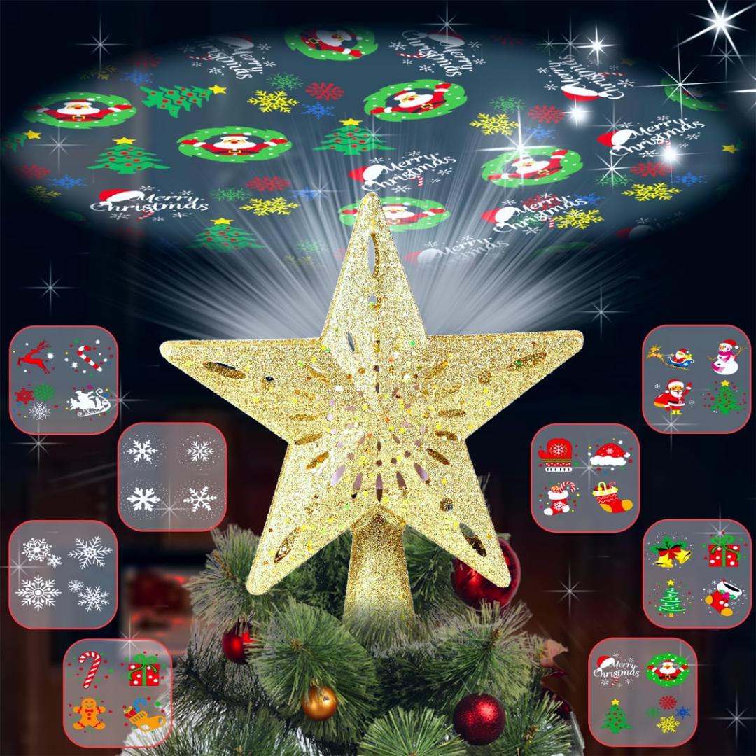Christmas Tree Topper Lighted with 8 Projection Modes, Christmas Star Tree Topper Built-in LED Rotating Lights, 3D Gold Star Tree Top Glitter Projector for Xmas Party Holiday Decorations