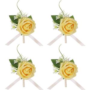 Geesatis 4 Pcs Rose Boutonniere Corsage Boutonniere for Men Wedding, Ceremony Anniversary, Dinner Party Artificial Flower Boutonniere, Yellow