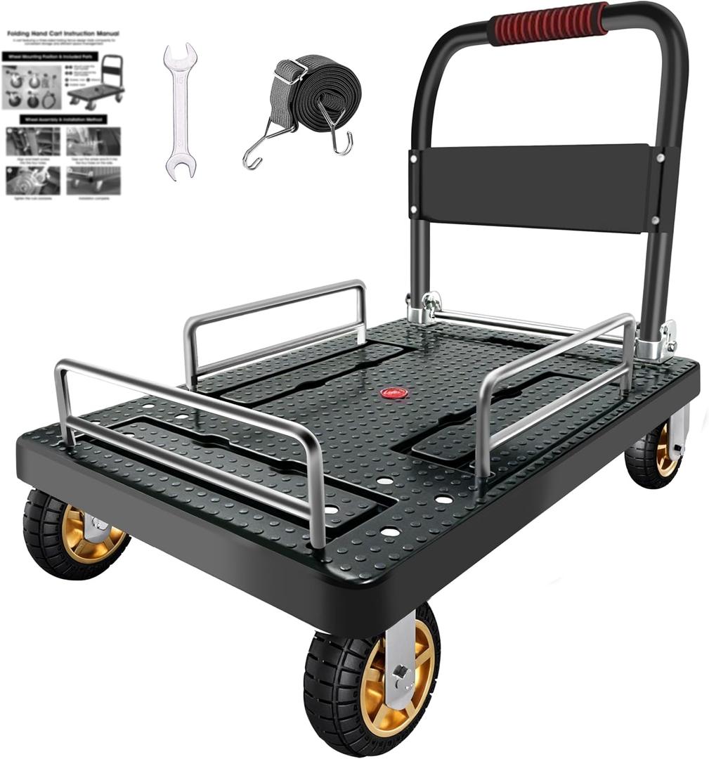 Platform Trucks Flatbed Cart Heavy Duty with Brake Wheels & Foldable Fence, Flat Dolly 1300lbs Capacity with Bungee Cord, 36"x24" Folding Hand Cart for Moving Furniture/Office/Warehouse/Garage