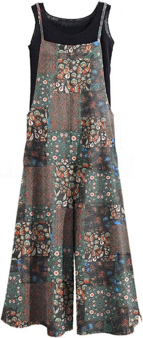 KMAZN Women's Casual Loose Long Cotton Bib Overalls Baggy Linen Plus Size Jumpsuits Rompers Wide Leg Pants (3X-Large)