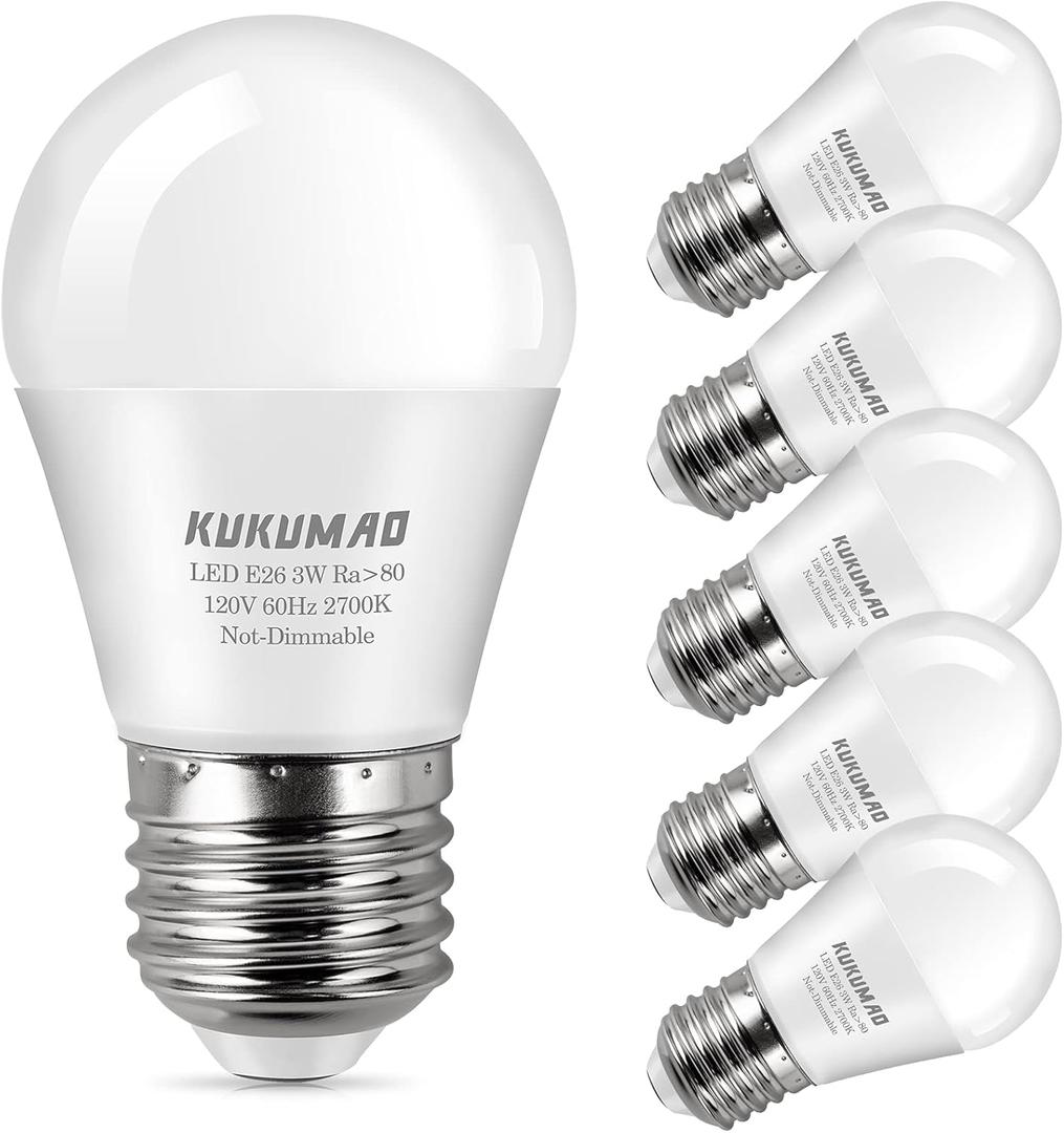 KUKUMAO LED Light Bulb, A15 3W 25W Equivalent, Warm White 2700K, 6 Pack, E26 Medium Screw Base, Energy Saving, for Home Light Bulb, Night Stand Bulb, Table Lamp Bulbs