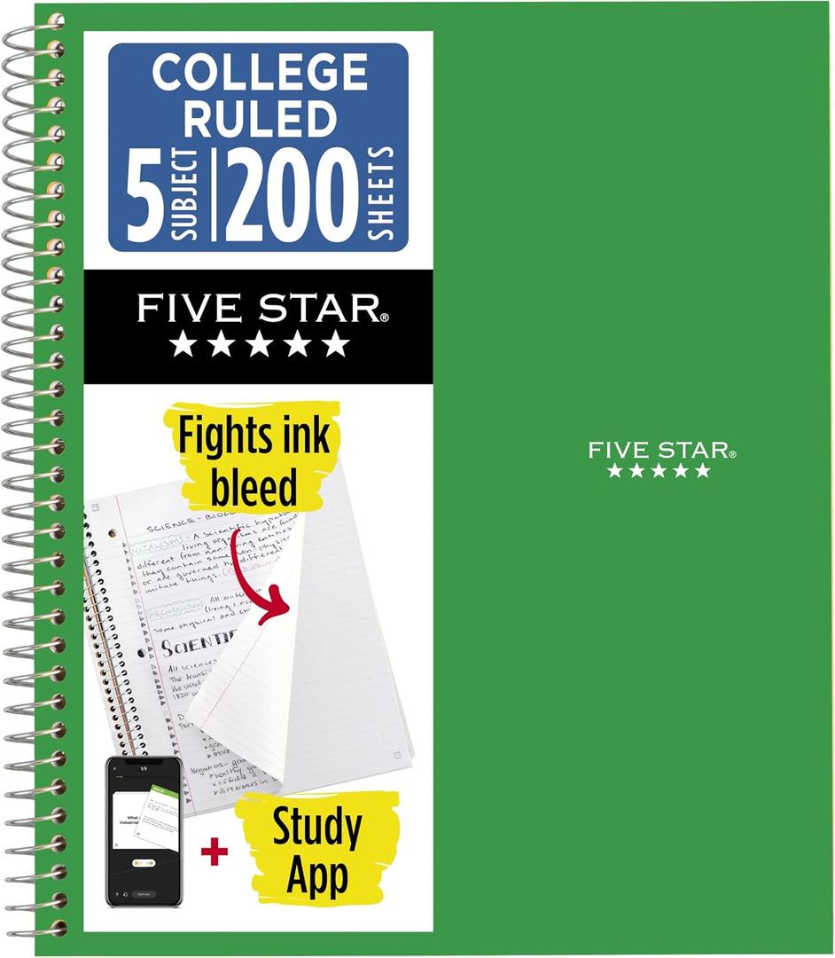 Five Star Spiral Notebook + Study App, 5 Subject, College Ruled Paper, 8.5" x 11", 200 Sheets, Green 