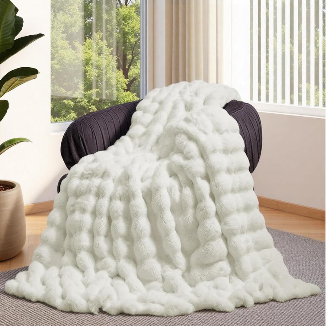 Lotus Karen Faux Fur Blanket - Cream White Twin Size, Big Bubble Rabbit Fluff, 60x80 Inches