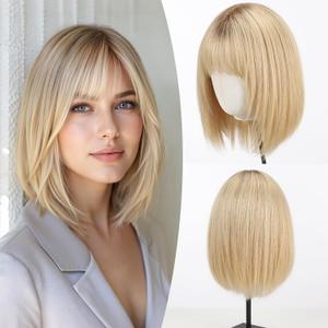 EMMOR 12 Inch Human Hair Wig for Women - Shoulder Length Layered Bob Wig with Bangs & Breathable Cap, Natural Looking Daily Wear Wig(Ombre Light Blonde)