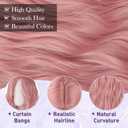 Haloo Pink Wigs with Curtain Bangs for Women - Long Wavy Middle Part Natural Looking Synthetic Hair Wig for Daily Party Cosplay Costume, 26 Inch