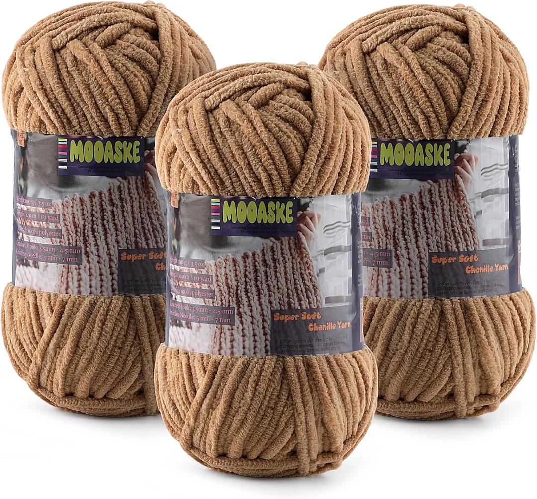 Baby Blanket Yarn for Crocheting - Soft Velvet Fluffy Chenille Yarn for Knitting Amigurumi Making Scarves, Doll - 100g/3.5oz 131 Yards Thick Plush Yarns (3, Coffee Brown)