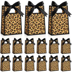 AmazingSpark 50 Pcs Leopard Print Mini Gift Bags Bulk 6.3 x 3.9 x 2.8 Inch Cheetah Small Gift Bags with Handles and Ribbon Bows for Wedding Birthday Bridal Baby Shower Party Favors(Brown Black)