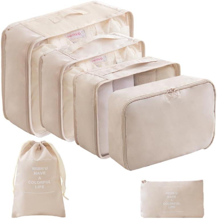 LANSKLBD 6 Set Packing Cubes for Travel, Luggage Organizers with Shoe & Toiletry Bags, Lightweight Suitcase Organizer for Carry-On, Washable Laundry Bags (Beige)