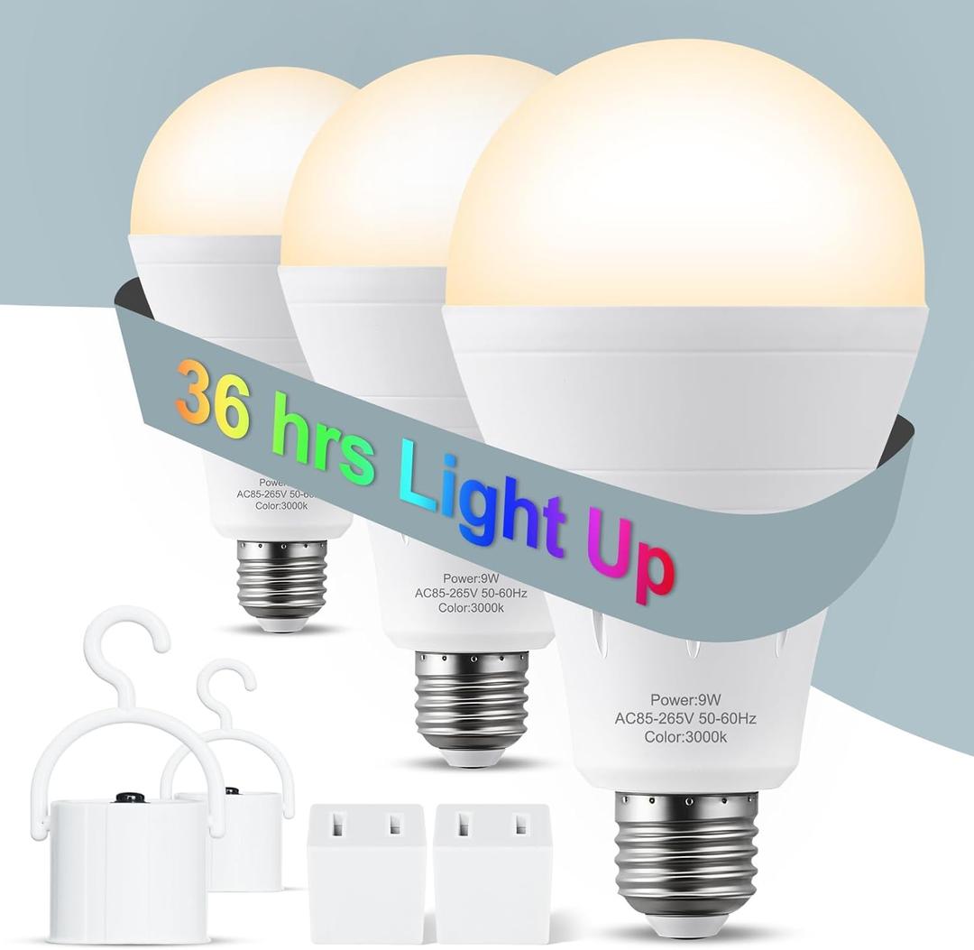 3Pack Rechargeable Emergency Light Bulb, A19 9W Warm White 3000K Self-Charging LED Light Bulb,1200mAh Battery Backup Light Bulbs for Daily,Home Emergency,Outdoor Portable Use
