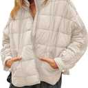Muchpow Women's Lightweight Down Coat Long Sleeve Full Zipper Oversized Packable Short Puffer Jackets (Medium, Beige)